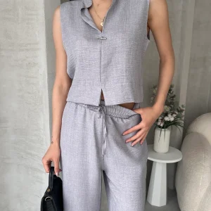 Aerobin Keten Hakim Yaka Aksesuarlı Bluz ve Pantolon Alt Üst Gri Takım