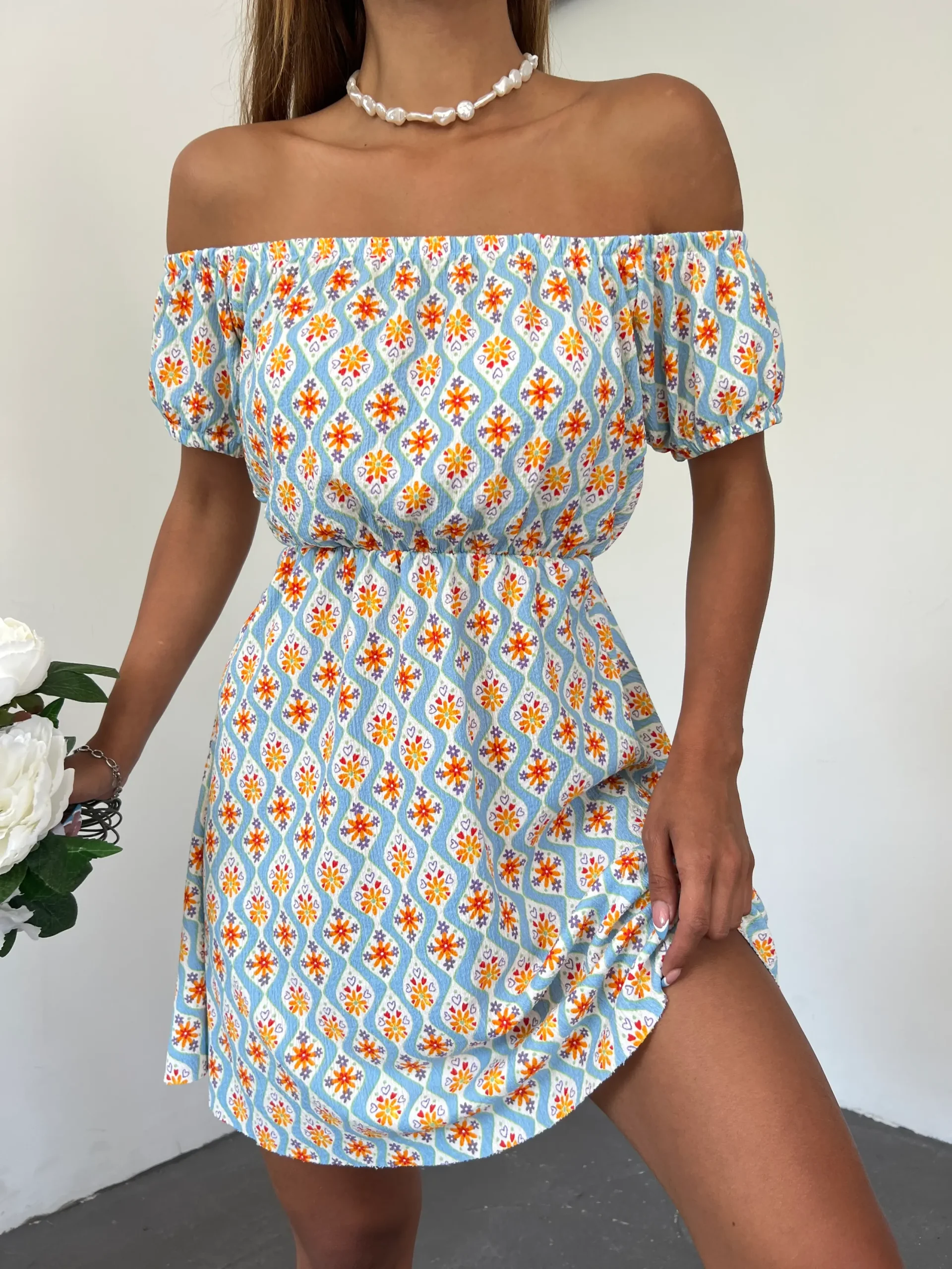 Madonna Yaka Çiçek Desenli Bebe Mavi Elbise