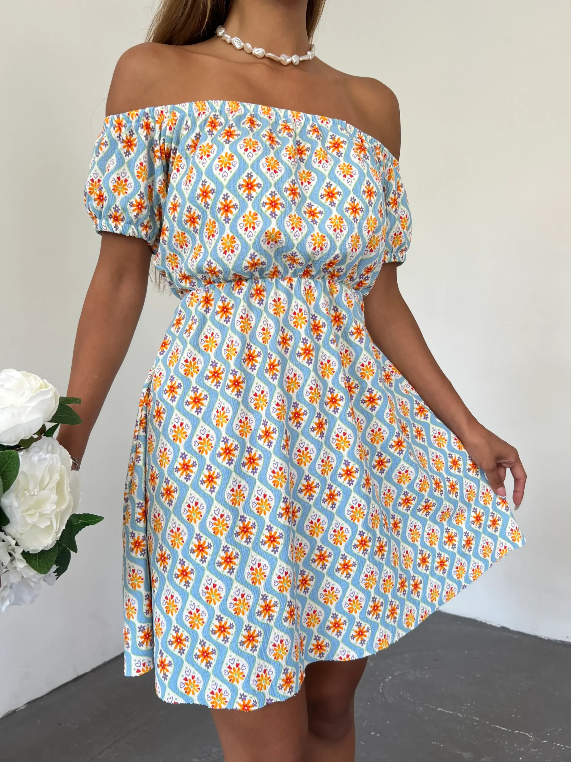 Madonna Yaka Çiçek Desenli Bebe Mavi Elbise - Görsel 3