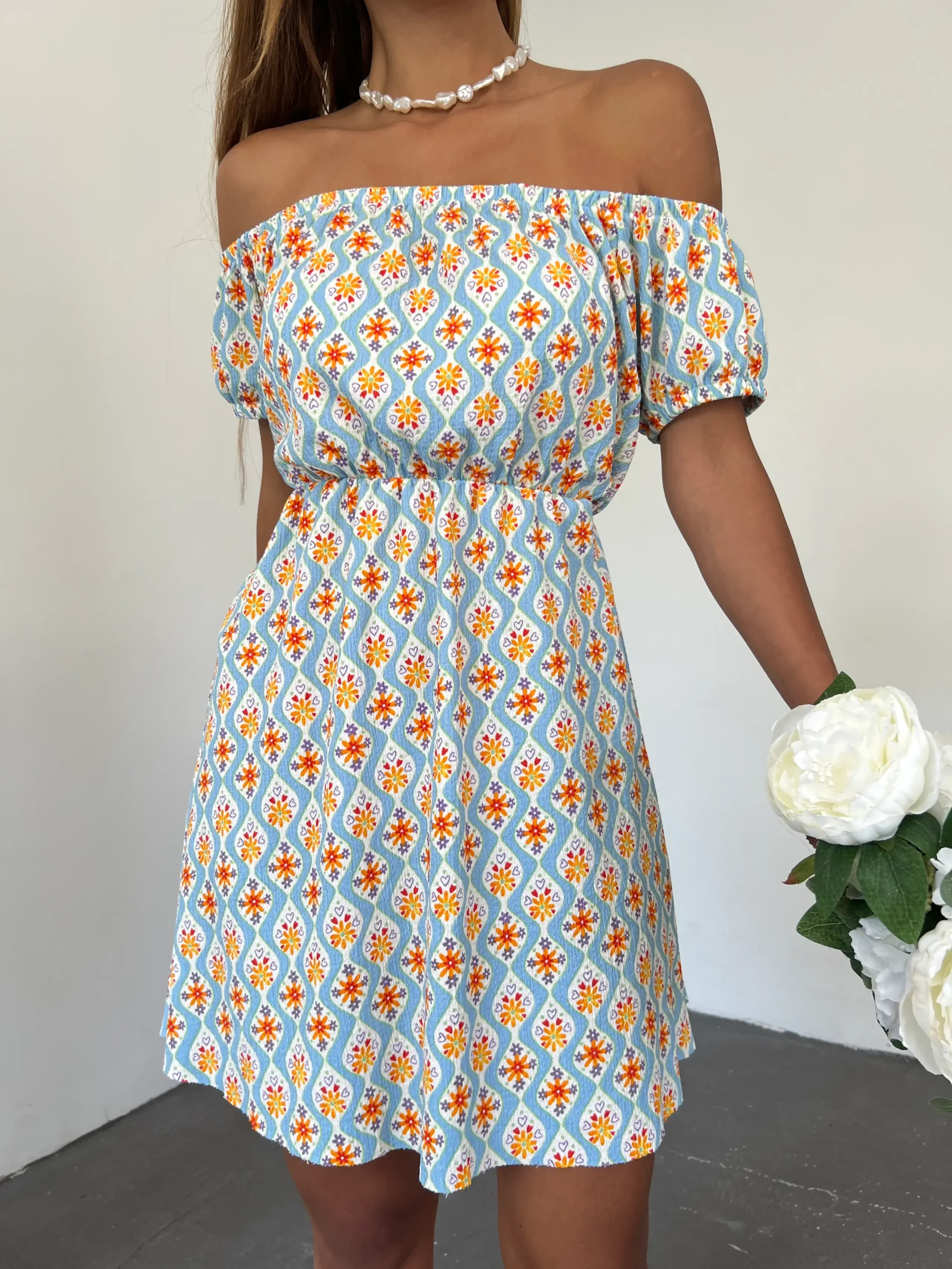 Madonna Yaka Çiçek Desenli Bebe Mavi Elbise - Görsel 4