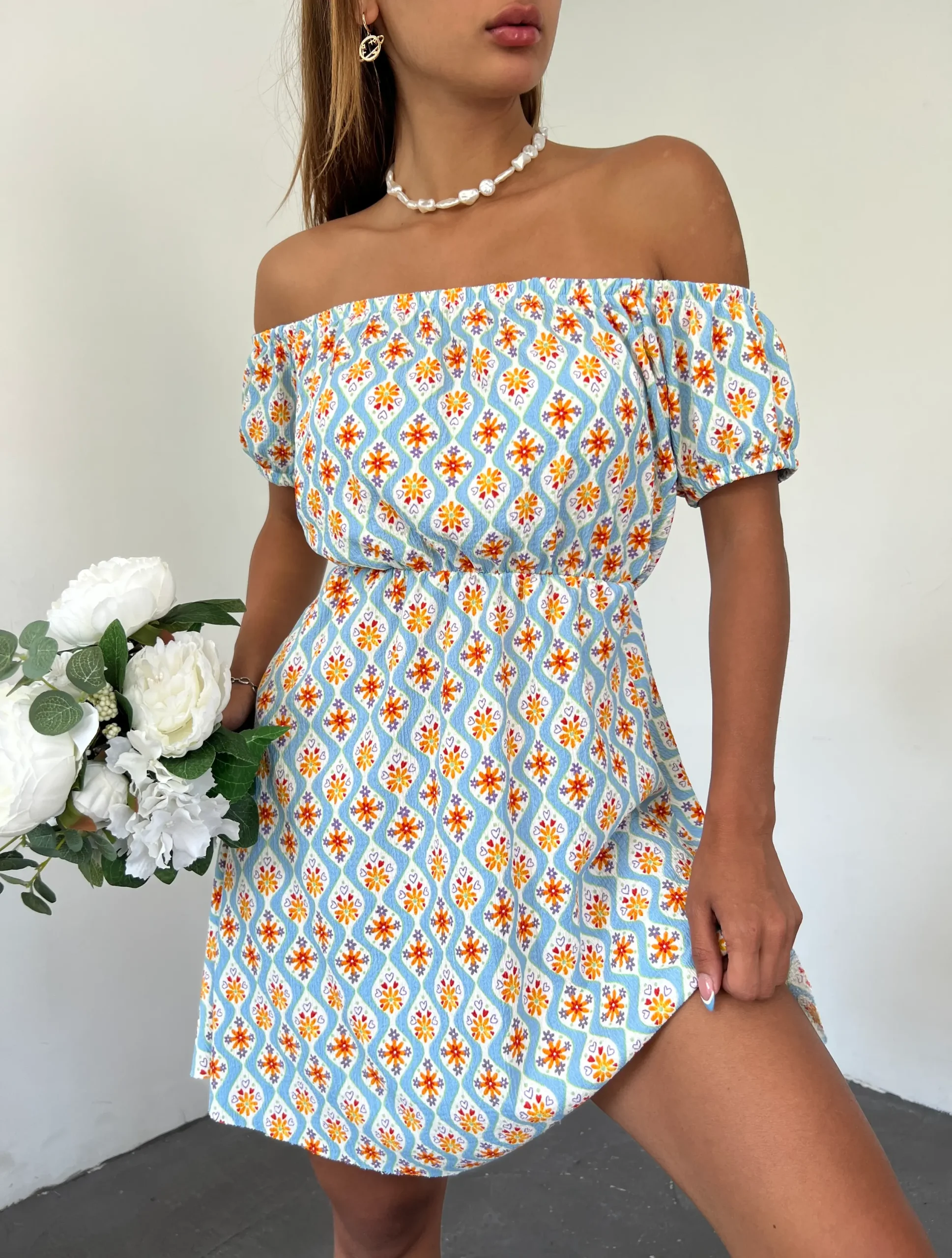 Madonna Yaka Çiçek Desenli Bebe Mavi Elbise - Görsel 5