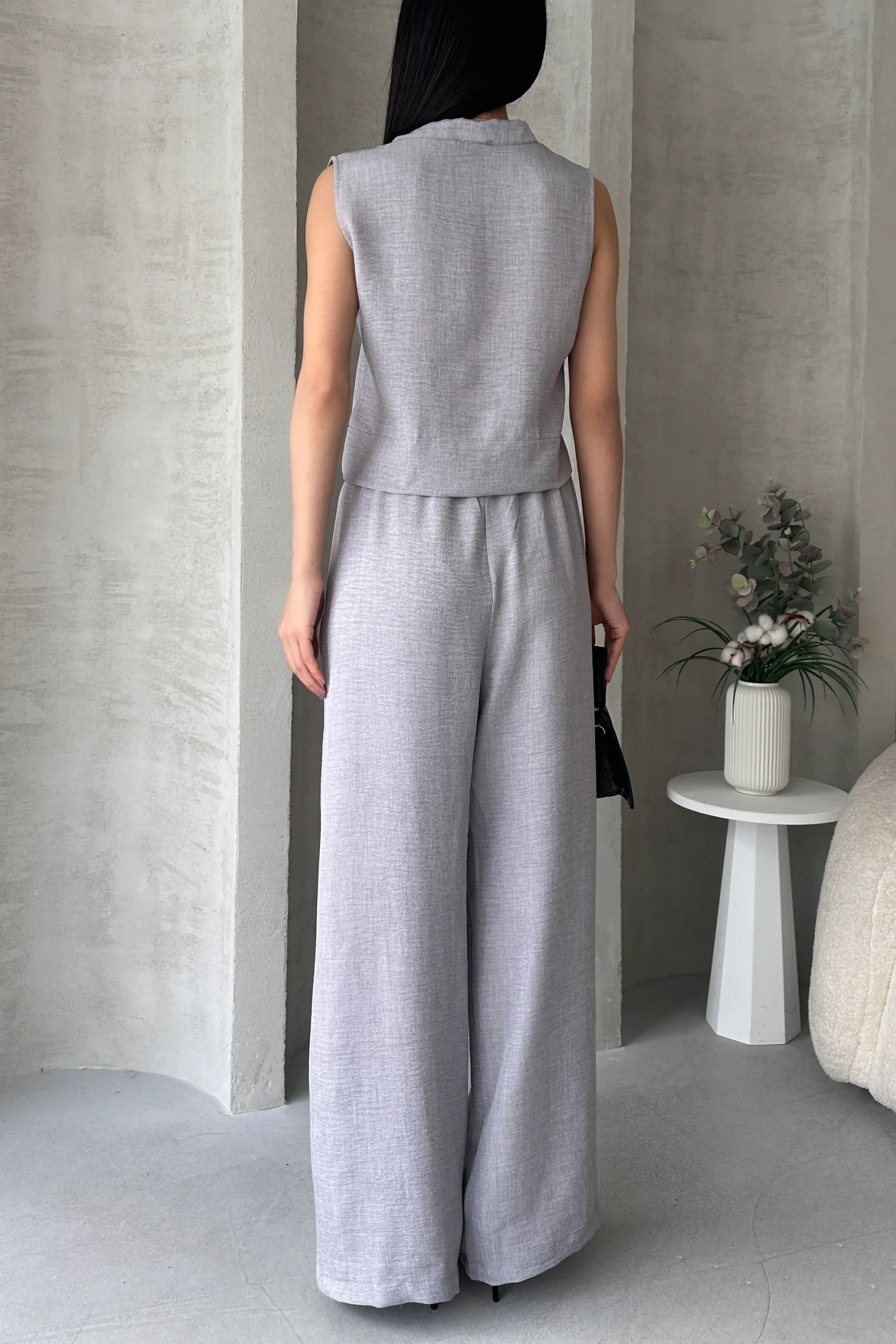 Aerobin Keten Hakim Yaka Aksesuarlı Bluz ve Pantolon Alt Üst Gri Takım - Görsel 5