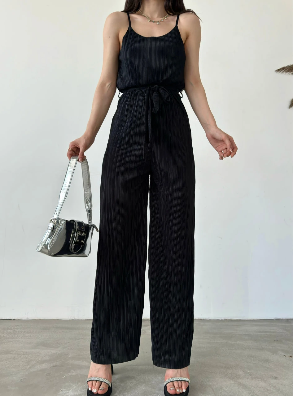 İp Askılı Kuşaklı Krinkle Siyah Tulum - Görsel 6