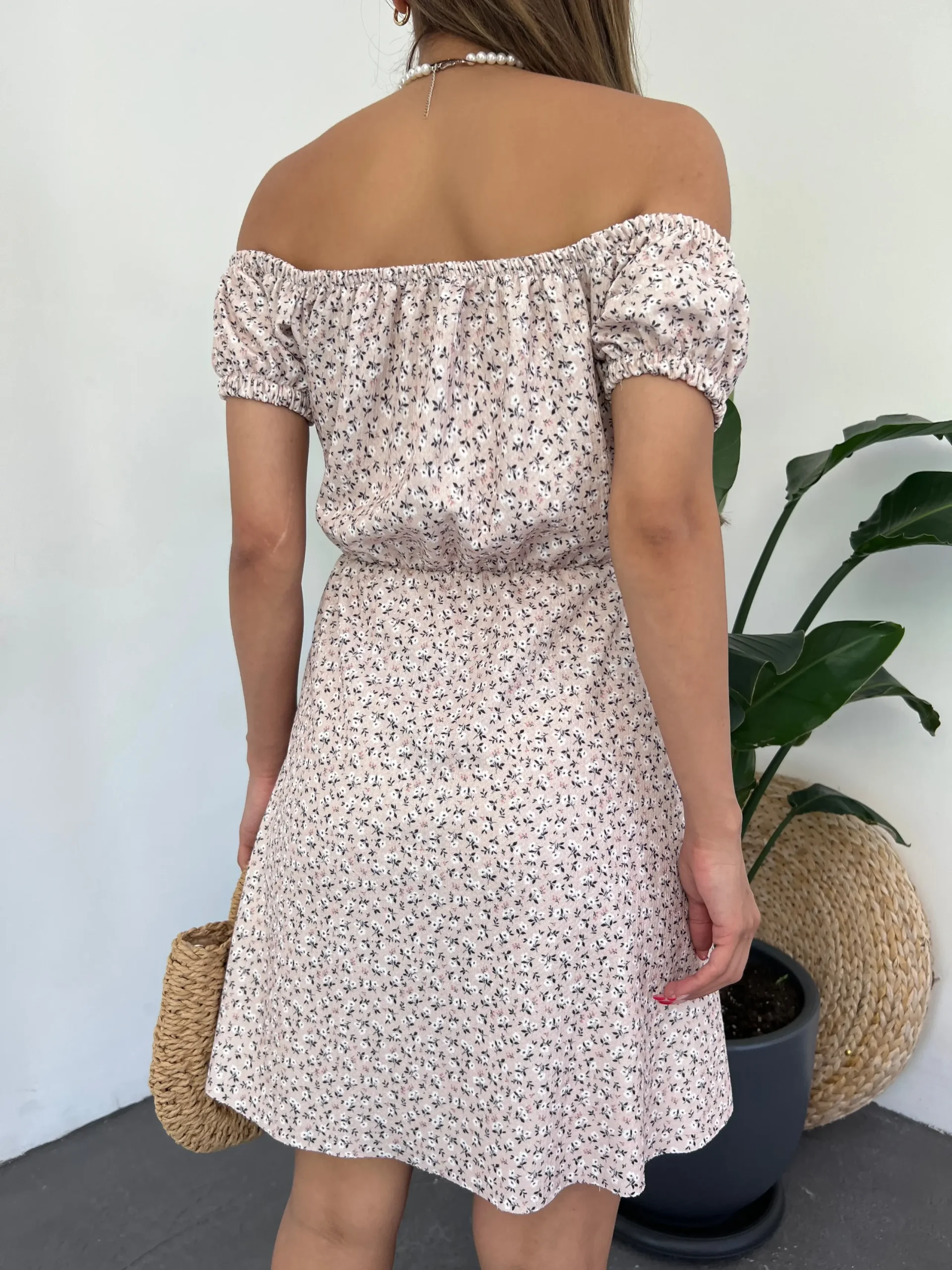 Madonna Yaka Çiçek Desenli Pudra Elbise - Görsel 5